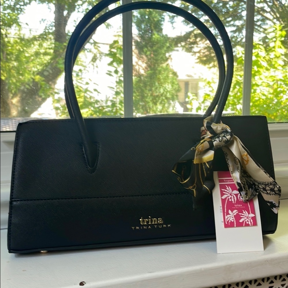 1068 Trina Turk Black Shoulder Bag with Gold Scarf Accent